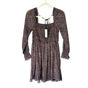 Dex Black Pink Floral Long Sleeve Smocked Tie Back Boho Mini Dress- Size S